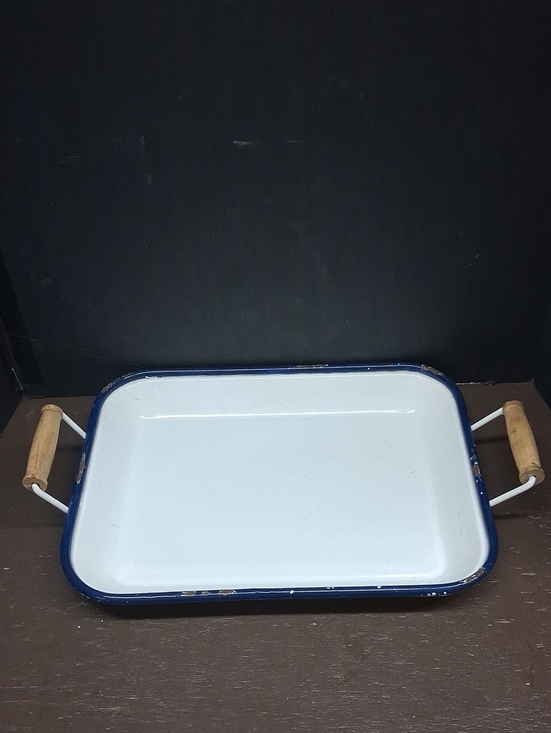 Vintage Other - white enamel tray with distressed blue trim, wood handles - NEW
